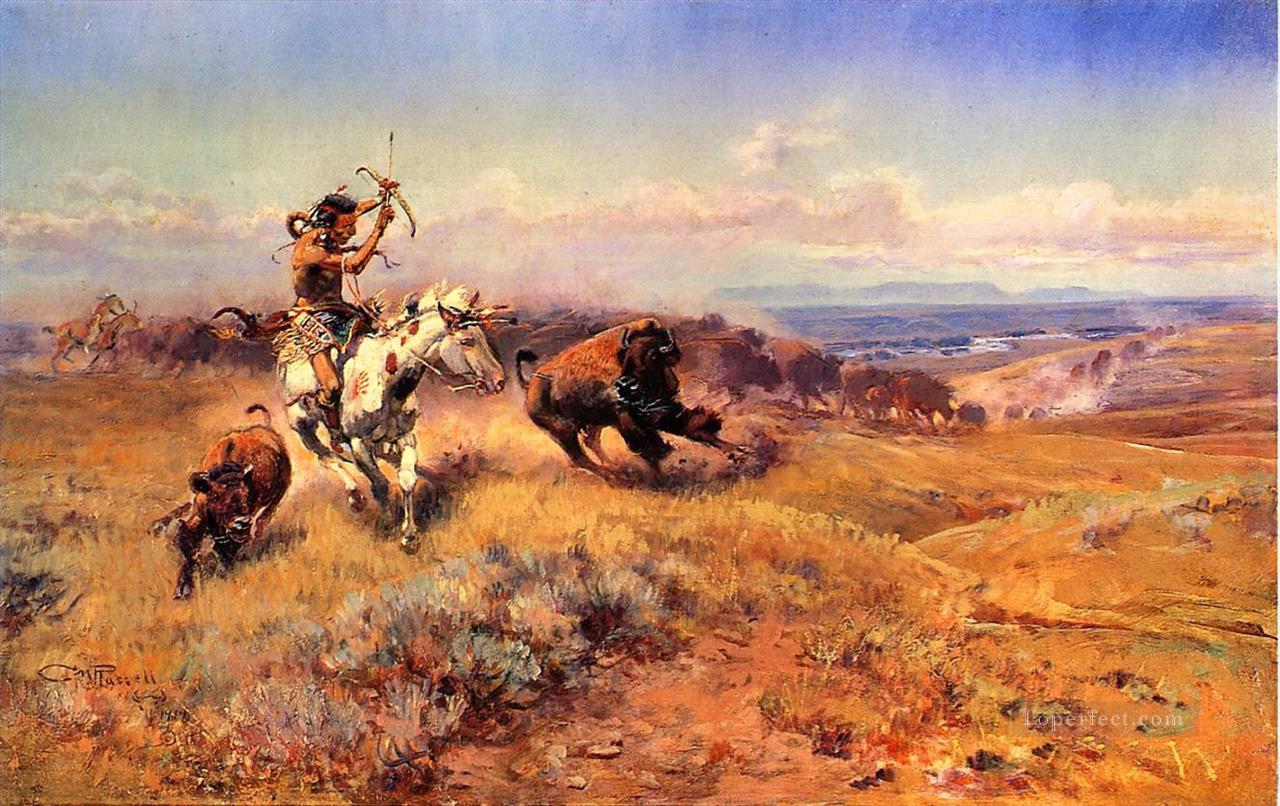 Indios cazando ganado. Pintura al óleo
